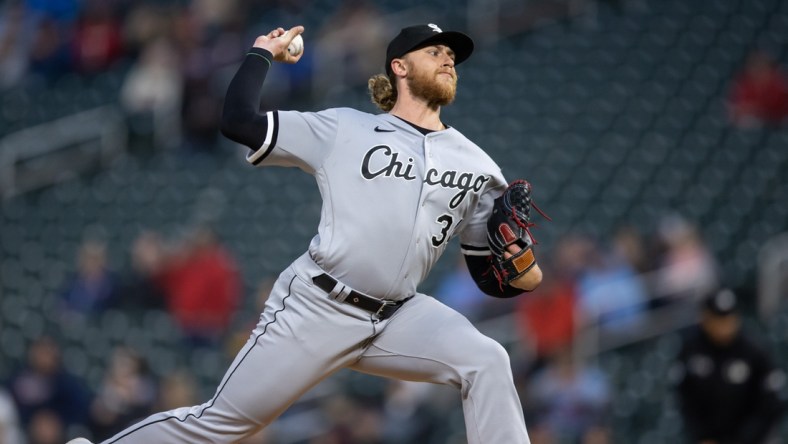 Apr 22, 2022; Minneapolis, Minnesota, USA; Chicago White Sox starting pitcher Michael Kopech (34) delivers a pitch during the first inning against the Minnesota Twins at Target Field. Mandatory Credit: Jordan Johnson-USA TODAY Sports