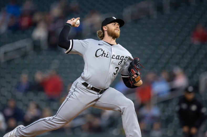 Apr 22, 2022; Minneapolis, Minnesota, USA; Chicago White Sox starting pitcher Michael Kopech (34) delivers a pitch during the first inning against the Minnesota Twins at Target Field. Mandatory Credit: Jordan Johnson-USA TODAY Sports