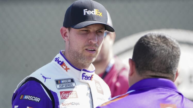 Apr 23, 2022; Talladega, Alabama, USA; NASCAR Cup Series driver Denny Hamlin (11) during qualifying for the GEICO 500 at Talladega Superspeedway. Mandatory Credit: Marvin Gentry-USA TODAY Sports