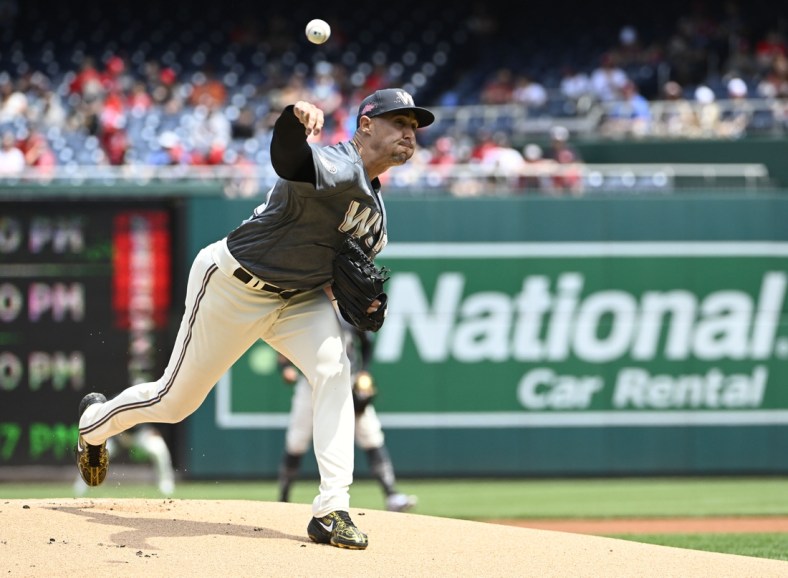 Apr 23, 2022; Washington, District of Columbia, USA; Washington Nationals starting pitcher Aaron Sanchez (45) throws to the San Francisco Giants during the first inning at Nationals Park. Mandatory Credit: Brad Mills-USA TODAY Sports