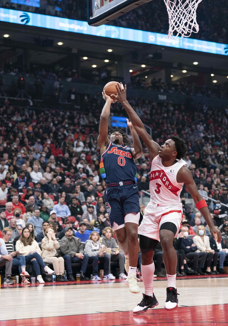 Apr 23, 2022; Toronto, Ontario, CAN; Philadelphia 76ers guard Tyrese Maxey (0) drives to the basket as Toronto Raptors forward OG Anunoby (3) tries to defend during the first quarter in game four of the first round for the 2022 NBA playoffs at Scotiabank Arena. Mandatory Credit: Nick Turchiaro-USA TODAY Sports