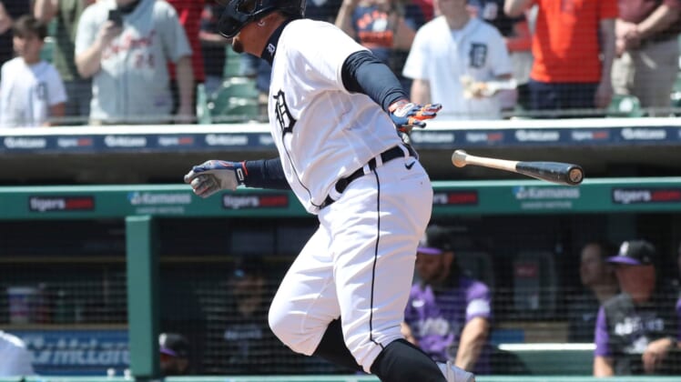 Detroit Tigers DH Miguel Cabrera (24) got his 3000 hit against Colorado Rockies starting pitcher Antonio Senzatela (49) during first inning action Saturday, April 23, 2022 at Comerica Park.Tigers Col1