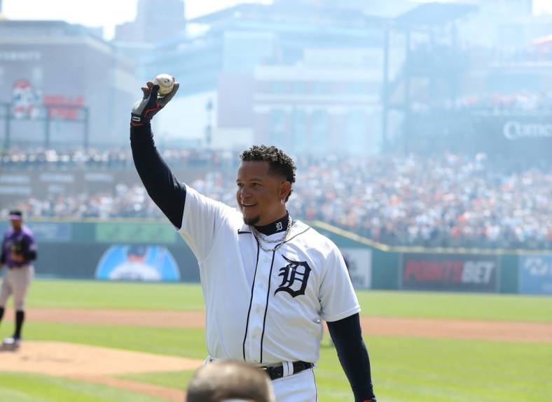 Detroit Tigers DH Miguel Cabrera (24) celebrates his 3000 hit against Colorado Rockies starting pitcher Antonio Senzatela (49) during first inning action Saturday, April 23, 2022 at Comerica Park.

Tigers Col1