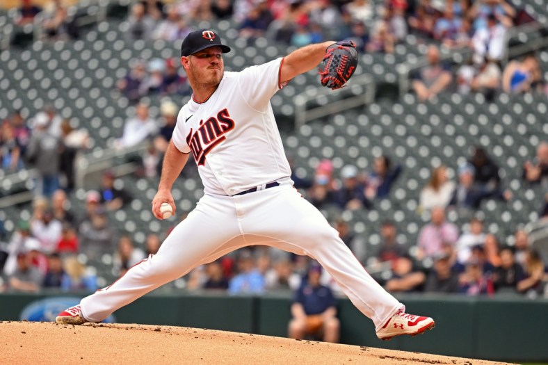 Apr 23, 2022; Minneapolis, Minnesota, USA;  Minnesota Twins starting pitcher Dylan Bundy (37) delivers a pitch against the Chicago White Sox during the first inning at Target Field. Mandatory Credit: Nick Wosika-USA TODAY Sports
