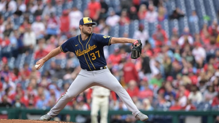 Apr 23, 2022; Philadelphia, Pennsylvania, USA;  Milwaukee Brewers starting pitcher Adrian Houser (37) pitches in the first inning of the game against the Philadelphia Phillies at Citizens Bank Park. Mandatory Credit: John Geliebter-USA TODAY Sports