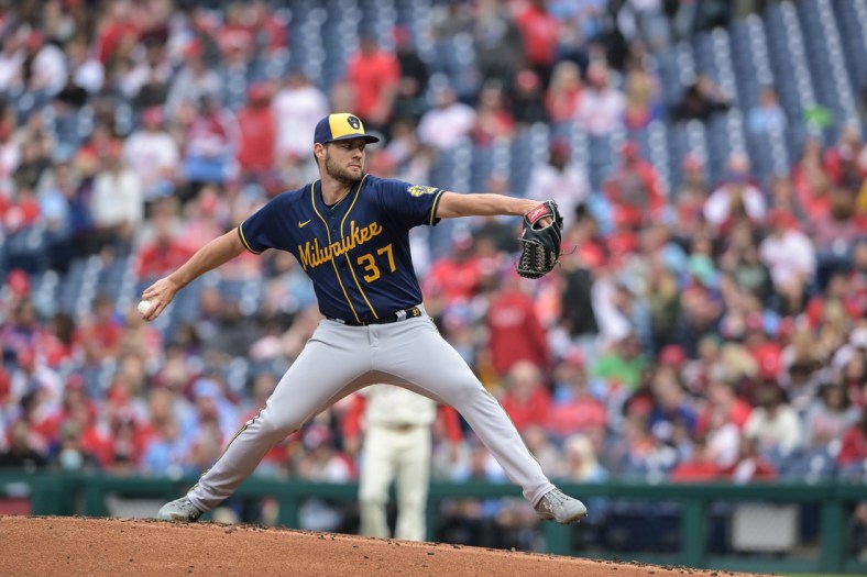 Apr 23, 2022; Philadelphia, Pennsylvania, USA;  Milwaukee Brewers starting pitcher Adrian Houser (37) pitches in the first inning of the game against the Philadelphia Phillies at Citizens Bank Park. Mandatory Credit: John Geliebter-USA TODAY Sports