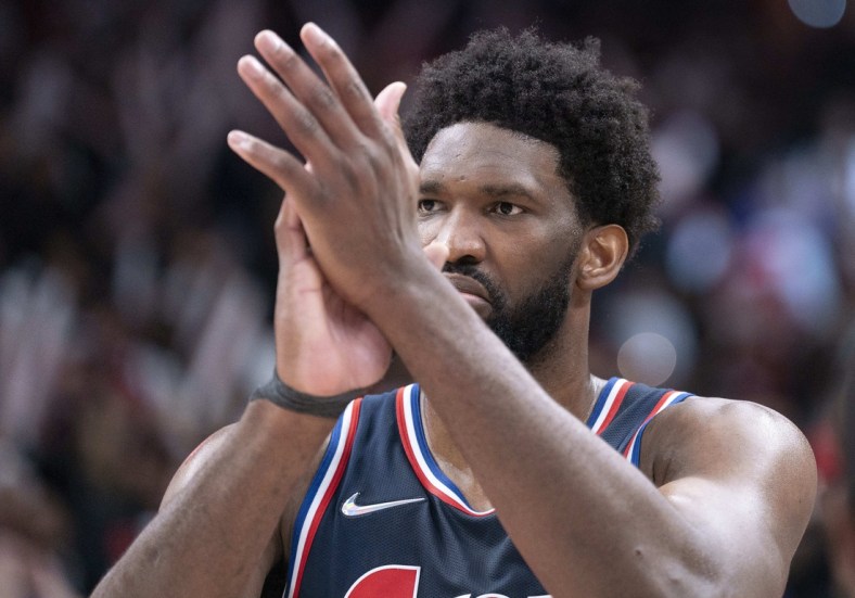 Apr 23, 2022; Toronto, Ontario, CAN; Philadelphia 76ers center Joel Embiid (21) gestures to the referees at the end of the fourth quarter of game four of the first round for the 2022 NBA playoffs against the Toronto Raptors at Scotiabank Arena. Mandatory Credit: Nick Turchiaro-USA TODAY Sports