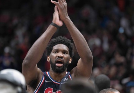 Apr 23, 2022; Toronto, Ontario, CAN; Philadelphia 76ers center Joel Embiid (21) gestures to the referees at the end of the fourth quarter of game four of the first round for the 2022 NBA playoffs against the Toronto Raptors at Scotiabank Arena. Mandatory Credit: Nick Turchiaro-USA TODAY Sports