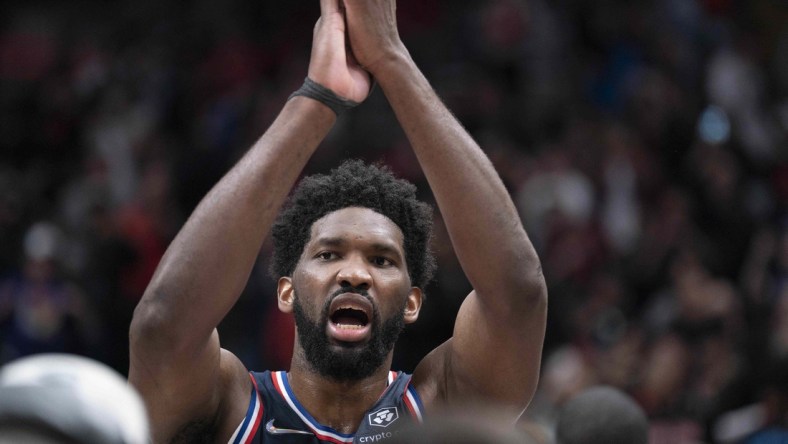 Apr 23, 2022; Toronto, Ontario, CAN; Philadelphia 76ers center Joel Embiid (21) gestures to the referees at the end of the fourth quarter of game four of the first round for the 2022 NBA playoffs against the Toronto Raptors at Scotiabank Arena. Mandatory Credit: Nick Turchiaro-USA TODAY Sports