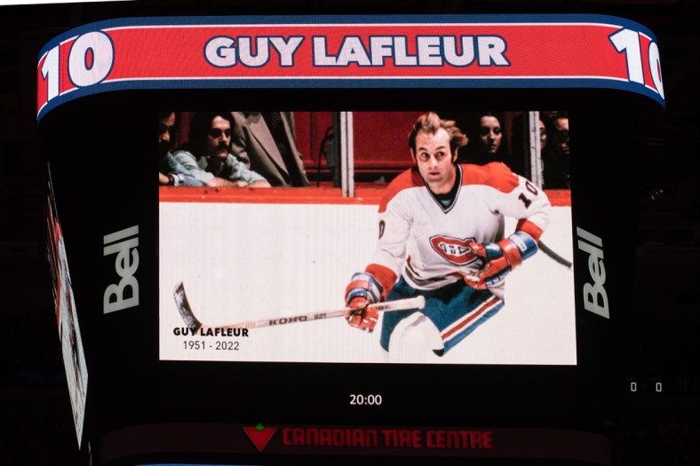 Apr 23, 2022; Ottawa, Ontario, CAN; A tribute to Guy Lafleur was held prior to the start of game between the Montreal Canadiens and the Ottawa Senators at the Canadian Tire Centre. Mandatory Credit: Marc DesRosiers-USA TODAY Sports