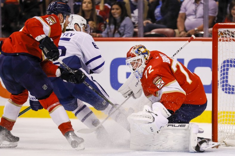 Apr 23, 2022; Sunrise, Florida, USA; Florida Panthers goaltender Sergei Bobrovsky (72) makes a save during the first period against the Toronto Maple Leafs at FLA Live Arena. Mandatory Credit: Sam Navarro-USA TODAY Sports