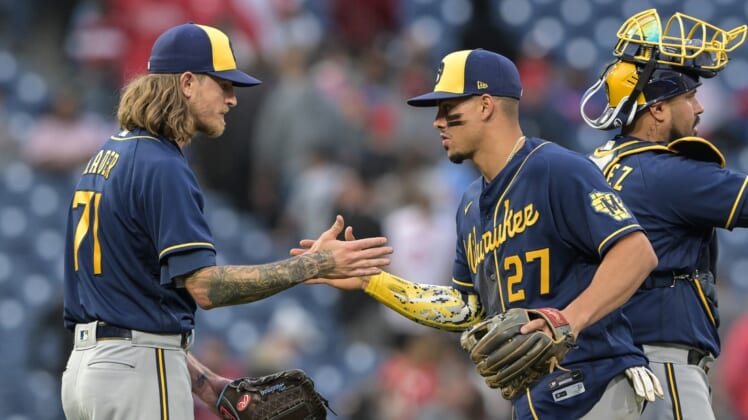 Apr 23, 2022; Philadelphia, Pennsylvania, USA;  Milwaukee Brewers relief pitcher Josh Hader (71) celebrates with shortstop Willy Adames (27) after the game against the Philadelphia Phillies at Citizens Bank Park.  The Brewers won 5-3. Mandatory Credit: John Geliebter-USA TODAY Sports