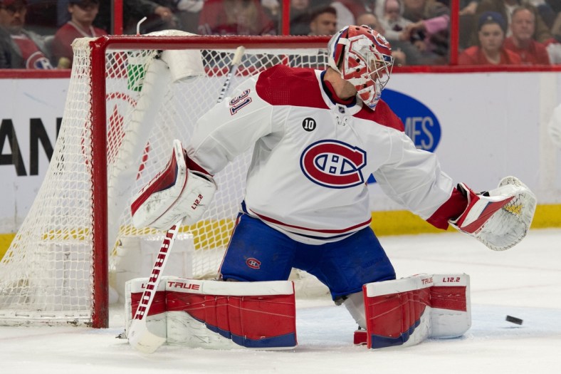 Apr 23, 2022; Ottawa, Ontario, CAN; Montreal Canadiens goalie Carey Price (31) is unable to stop a shot from Ottawa Senators center Josh Norris (not pictured) in the second period at the Canadian Tire Centre. Mandatory Credit: Marc DesRosiers-USA TODAY Sports