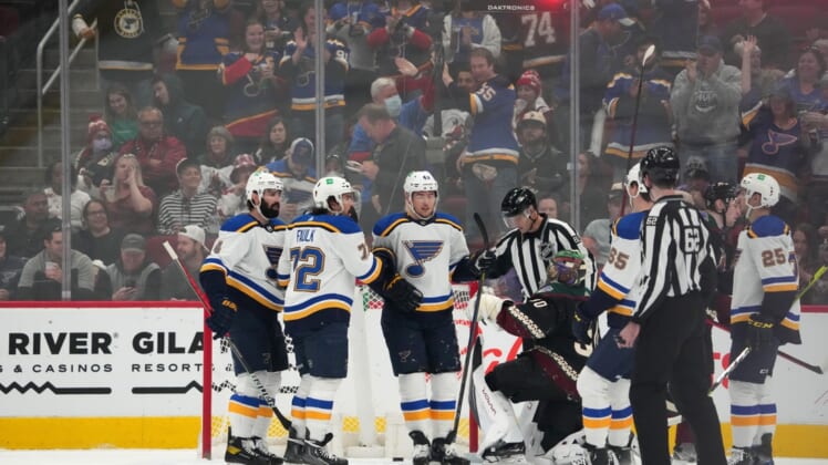 Apr 23, 2022; Glendale, Arizona, USA; St. Louis Blues center Ivan Barbashev (49) celebrates his goal against the Arizona Coyotes during the first period at Gila River Arena. Mandatory Credit: Joe Camporeale-USA TODAY Sports