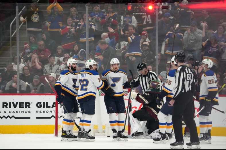 Apr 23, 2022; Glendale, Arizona, USA; St. Louis Blues center Ivan Barbashev (49) celebrates his goal against the Arizona Coyotes during the first period at Gila River Arena. Mandatory Credit: Joe Camporeale-USA TODAY Sports