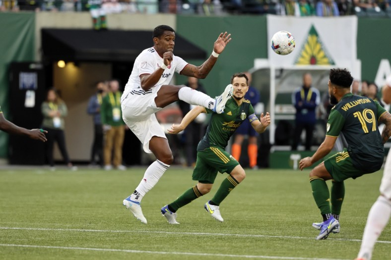 Apr 23, 2022; Portland, Oregon, USA; Real Salt Lake forward Sergio Cordova (10) clears the ball during the first half against the Portland Timbers at Providence Park. Mandatory Credit: Soobum Im-USA TODAY Sports
