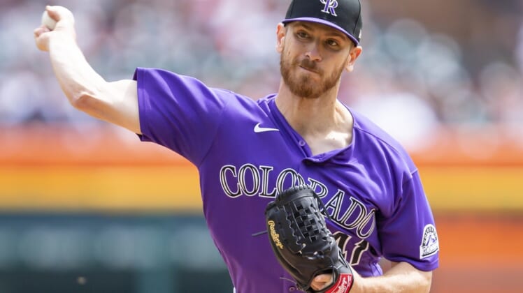 Apr 24, 2022; Detroit, Michigan, USA; Colorado Rockies starting pitcher Chad Kuhl (41) pitches during the first inning against the Detroit Tigers at Comerica Park. Mandatory Credit: Raj Mehta-USA TODAY Sports