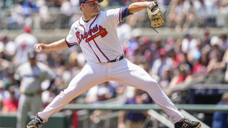 Apr 24, 2022; Cumberland, Georgia, USA; Atlanta Braves starting pitcher Bryce Elder (55) pitches against the Miami Marlins during the second inning at Truist Park. Mandatory Credit: Dale Zanine-USA TODAY Sports