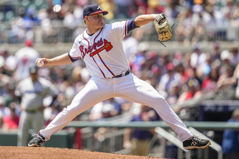 Apr 24, 2022; Cumberland, Georgia, USA; Atlanta Braves starting pitcher Bryce Elder (55) pitches against the Miami Marlins during the second inning at Truist Park. Mandatory Credit: Dale Zanine-USA TODAY Sports