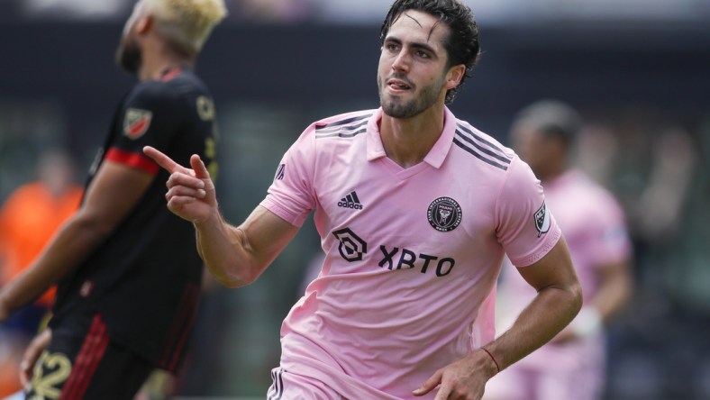 Apr 24, 2022; Fort Lauderdale, Florida, USA; Inter Miami CF forward Leonardo Campana (9) celebrates after scoring in the first half against Atlanta United at DRV PNK Stadium. Mandatory Credit: Sam Navarro-USA TODAY Sports