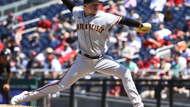 Apr 24, 2022; Washington, District of Columbia, USA; San Francisco Giants starting pitcher Logan Webb (62) throws to the Washington Nationals during the second inning at Nationals Park. Mandatory Credit: Brad Mills-USA TODAY Sports