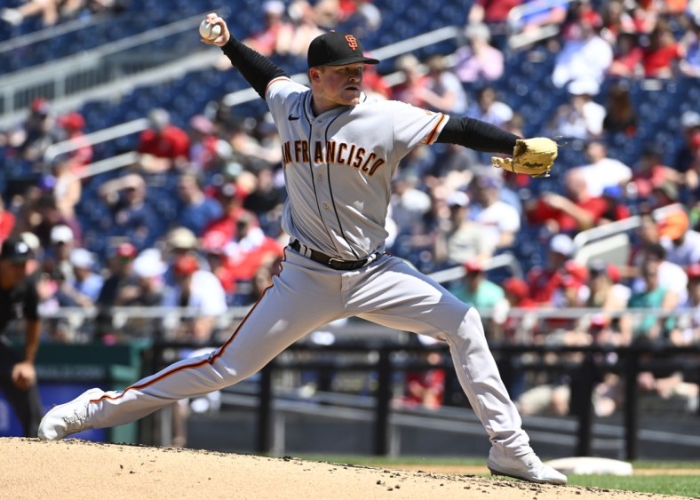 Apr 24, 2022; Washington, District of Columbia, USA; San Francisco Giants starting pitcher Logan Webb (62) throws to the Washington Nationals during the second inning at Nationals Park. Mandatory Credit: Brad Mills-USA TODAY Sports