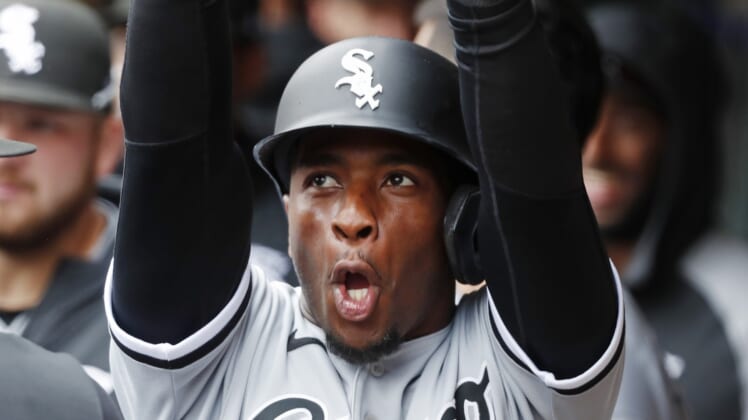 Apr 24, 2022; Minneapolis, Minnesota, USA; Chicago White Sox shortstop Tim Anderson (7) celebrates his solo home run against the Minnesota Twins in the first inning at Target Field. Mandatory Credit: Bruce Kluckhohn-USA TODAY Sports