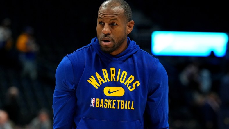 Apr 24, 2022; Denver, Colorado, USA; Golden State Warriors forward Andre Iguodala (9) warms up prior to game four of the first round of the 2022 NBA playoffs against the Denver Nuggets at Ball Arena. Mandatory Credit: Ron Chenoy-USA TODAY Sport