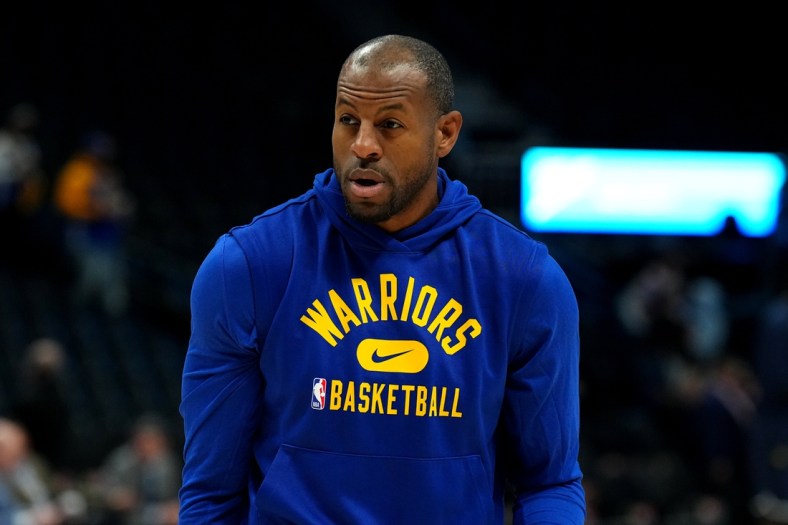 Apr 24, 2022; Denver, Colorado, USA; Golden State Warriors forward Andre Iguodala (9) warms up prior to game four of the first round of the 2022 NBA playoffs against the Denver Nuggets at Ball Arena. Mandatory Credit: Ron Chenoy-USA TODAY Sport