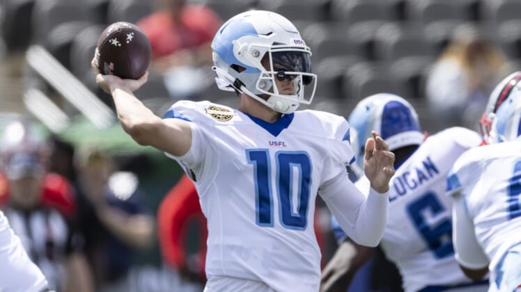 Apr 24, 2022; Birmingham, AL, USA; New Orleans Breakers quarterback Kyle Sloter (10) throws against the Tampa Bay Bandits during the first half at Protective Stadium. Mandatory Credit: Vasha Hunt-USA TODAY Sports