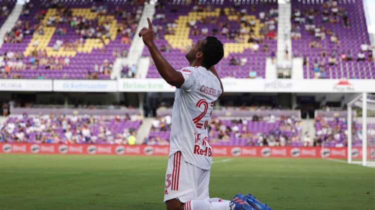 Apr 24, 2022; Orlando, Florida, USA; New York Red Bulls midfielder Cristian Casseres Jr (23) celebrates scoring a goal in the second half against the Orlando City at Exploria Stadium. Mandatory Credit: Nathan Ray Seebeck-USA TODAY Sports