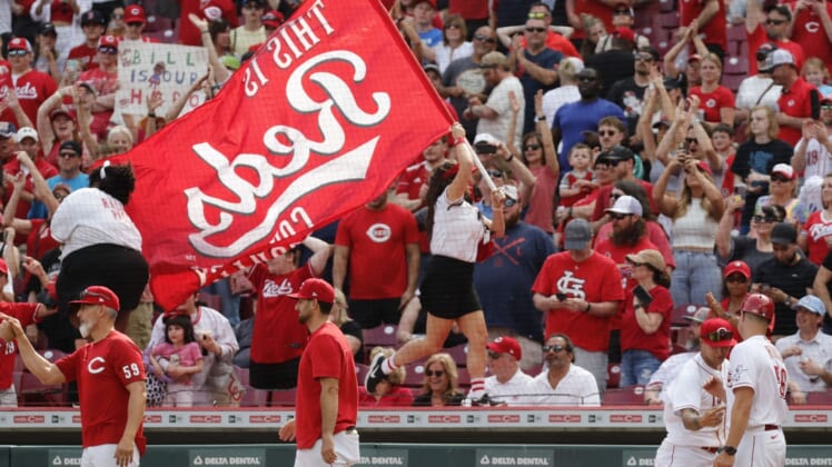 Apr 24, 2022; Cincinnati, Ohio, USA; The Cincinnati Reds and fans react after the Reds defeated the St. Louis Cardinal at Great American Ball Park. Mandatory Cr edit: David Kohl-USA TODAY Sports