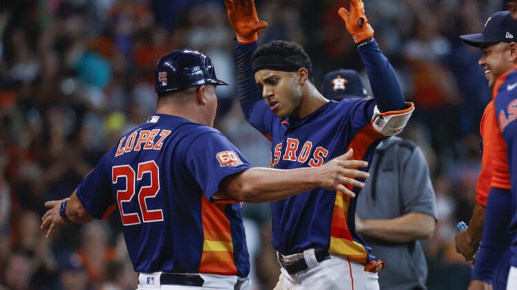 Apr 24, 2022; Houston, Texas, USA; Houston Astros shortstop Jeremy Pena (3) reacts after hitting a walk-off home run during the tenth inning against the Toronto Blue Jays at Minute Maid Park. Mandatory Credit: Troy Taormina-USA TODAY Sports