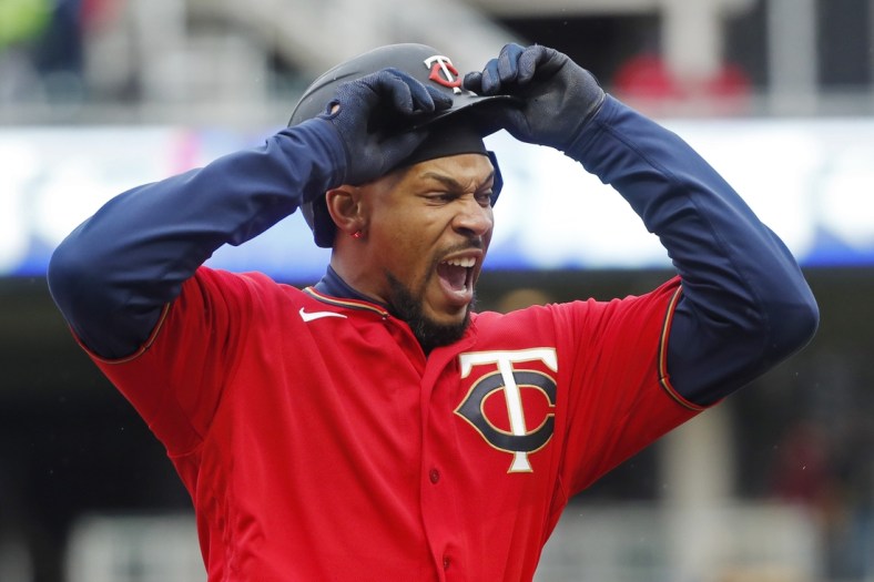 Apr 24, 2022; Minneapolis, Minnesota, USA; Minnesota Twins center fielder Byron Buxton (25) celebrates his three run game winning home run against the Chicago White Sox in the tenth inning at Target Field. Mandatory Credit: Bruce Kluckhohn-USA TODAY Sports