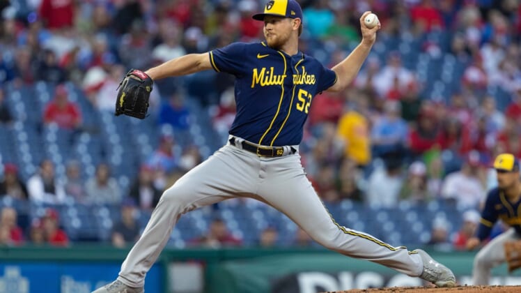 Apr 24, 2022; Philadelphia, Pennsylvania, USA; Milwaukee Brewers starting pitcher Eric Lauer (52) throws a pitch during the first inning against the Philadelphia Phillies at Citizens Bank Park. Mandatory Credit: Bill Streicher-USA TODAY Sports