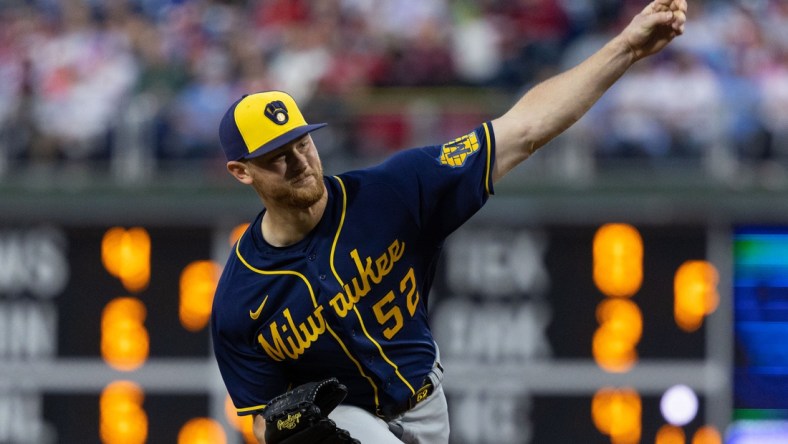 Apr 24, 2022; Philadelphia, Pennsylvania, USA; Milwaukee Brewers starting pitcher Eric Lauer (52) throws a pitch during the second inning against the Philadelphia Phillies at Citizens Bank Park. Mandatory Credit: Bill Streicher-USA TODAY Sports