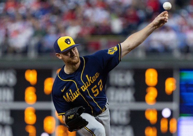 Apr 24, 2022; Philadelphia, Pennsylvania, USA; Milwaukee Brewers starting pitcher Eric Lauer (52) throws a pitch during the second inning against the Philadelphia Phillies at Citizens Bank Park. Mandatory Credit: Bill Streicher-USA TODAY Sports