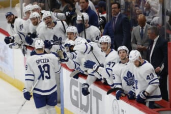 Apr 24, 2022; Washington, District of Columbia, USA; Toronto Maple Leafs center Jason Spezza (19) celebrates with teammates after scoring the game-tying goal against the Washington Capitals in the final minute of the third period at Capital One Arena. Mandatory Credit: Geoff Burke-USA TODAY Sports