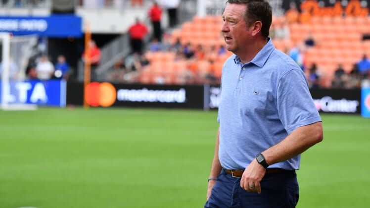 Apr 24, 2022; Houston, TX, USA; Houston Dash head coach James Clarkson looks on during the second half against Racing Louisville FC at PNC Stadium. Mandatory Credit: Maria Lysaker-USA TODAY Sports