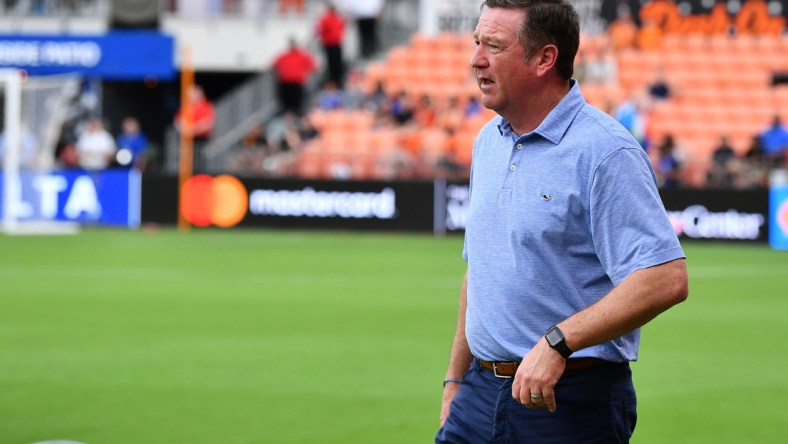 Apr 24, 2022; Houston, TX, USA; Houston Dash head coach James Clarkson looks on during the second half against Racing Louisville FC at PNC Stadium. Mandatory Credit: Maria Lysaker-USA TODAY Sports