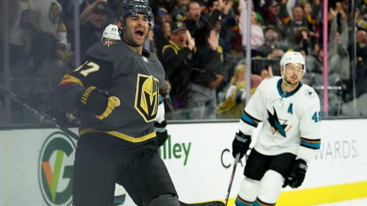 Apr 24, 2022; Las Vegas, Nevada, USA;  Vegas Golden Knights left wing Max Pacioretty (67) reacts after scoring a goal against San Jose Sharks goaltender James Reimer (47) during the second period at T-Mobile Arena. Mandatory Credit: Lucas Peltier-USA TODAY Sports
