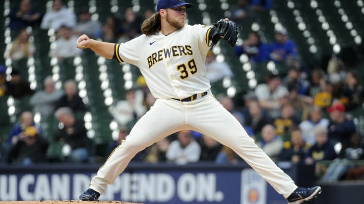 Apr 25, 2022; Milwaukee, Wisconsin, USA; Milwaukee Brewers starting pitcher Corbin Burnes (39) delivers a pitch against the San Francisco Giants in the second inning at American Family Field. Mandatory Credit: Michael McLoone-USA TODAY Sports