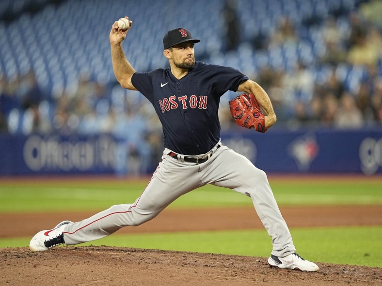 Apr 25, 2022; Toronto, Ontario, CAN; Boston Red Sox starting pitcher Nathan Eovaldi (17) pitches to the Toronto Blue Jays during the second inning at Rogers Centre. Mandatory Credit: John E. Sokolowski-USA TODAY Sports