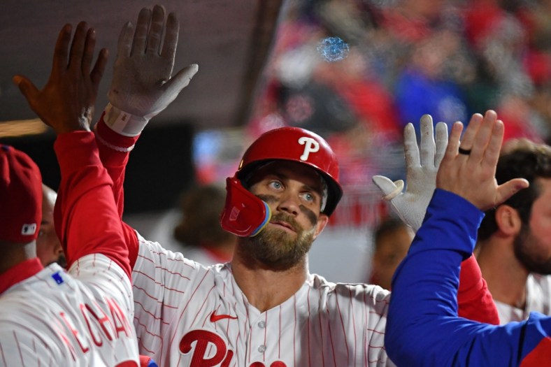 Apr 25, 2022; Philadelphia, Pennsylvania, USA; Philadelphia Phillies right fielder Bryce Harper (3) reacts after hitting a home run during the fifth inning against the Colorado Rockies at Citizens Bank Park. Mandatory Credit: Eric Hartline-USA TODAY Sports