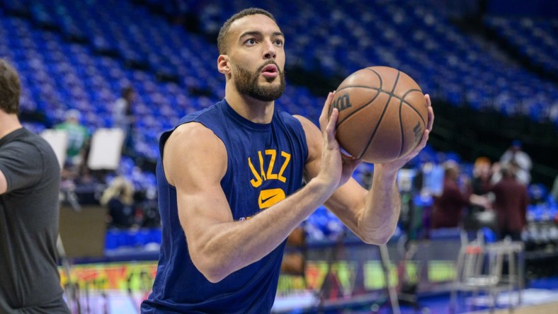 Apr 25, 2022; Dallas, Texas, USA; Utah Jazz center Rudy Gobert (27) warms up before the game against the Dallas Mavericks in game five of the first round for the 2022 NBA playoffs at American Airlines Center. Mandatory Credit: Jerome Miron-USA TODAY Sports