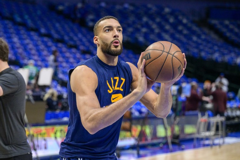 Apr 25, 2022; Dallas, Texas, USA; Utah Jazz center Rudy Gobert (27) warms up before the game against the Dallas Mavericks in game five of the first round for the 2022 NBA playoffs at American Airlines Center. Mandatory Credit: Jerome Miron-USA TODAY Sports