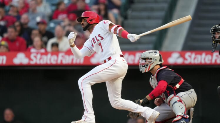Apr 25, 2022; Anaheim, California, USA; Los Angeles Angels left fielder Jo Adell (7) hits a double against the Cleveland Guardians in the second inning at Angel Stadium. Mandatory Credit: Kirby Lee-USA TODAY Sports