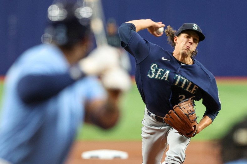 Apr 26, 2022; St. Petersburg, Florida, USA;  Seattle Mariners starting pitcher Logan Gilbert (36) throws a pitch against the Tampa Bay Rays in the first inning at Tropicana Field. Mandatory Credit: Nathan Ray Seebeck-USA TODAY Sports