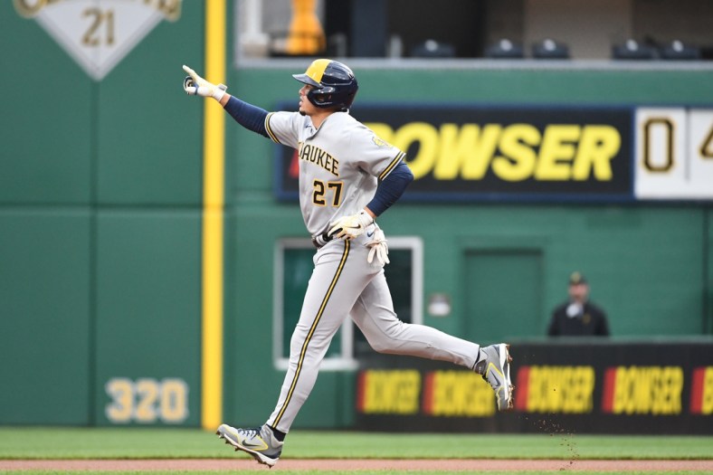Apr 26, 2022; Pittsburgh, Pennsylvania, USA; Milwaukee Brewers player Willy Adames (27) rounds the bases after hitting a home run against the Pittsburgh Pirates during the first inning at PNC Park. Mandatory Credit: Philip G. Pavely-USA TODAY Sports