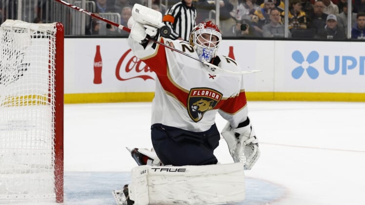 Apr 26, 2022; Boston, Massachusetts, USA; Florida Panthers goaltender Sergei Bobrovsky (72) makes a stick save against the Boston Bruins during the third period at TD Garden. Mandatory Credit: Winslow Townson-USA TODAY Sports